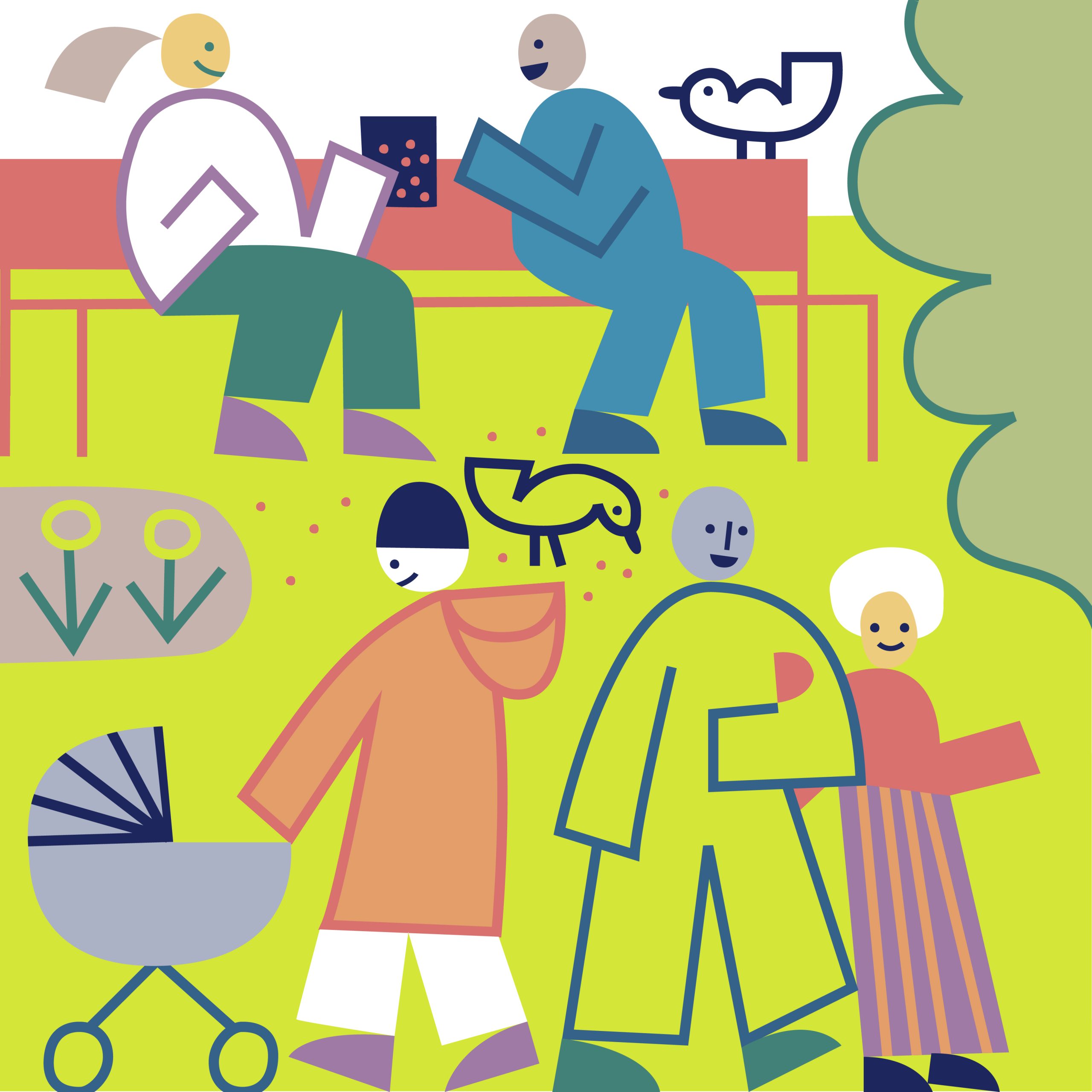 Illustration of people in a park chatting on a bench, pushing a pram and feeding birds