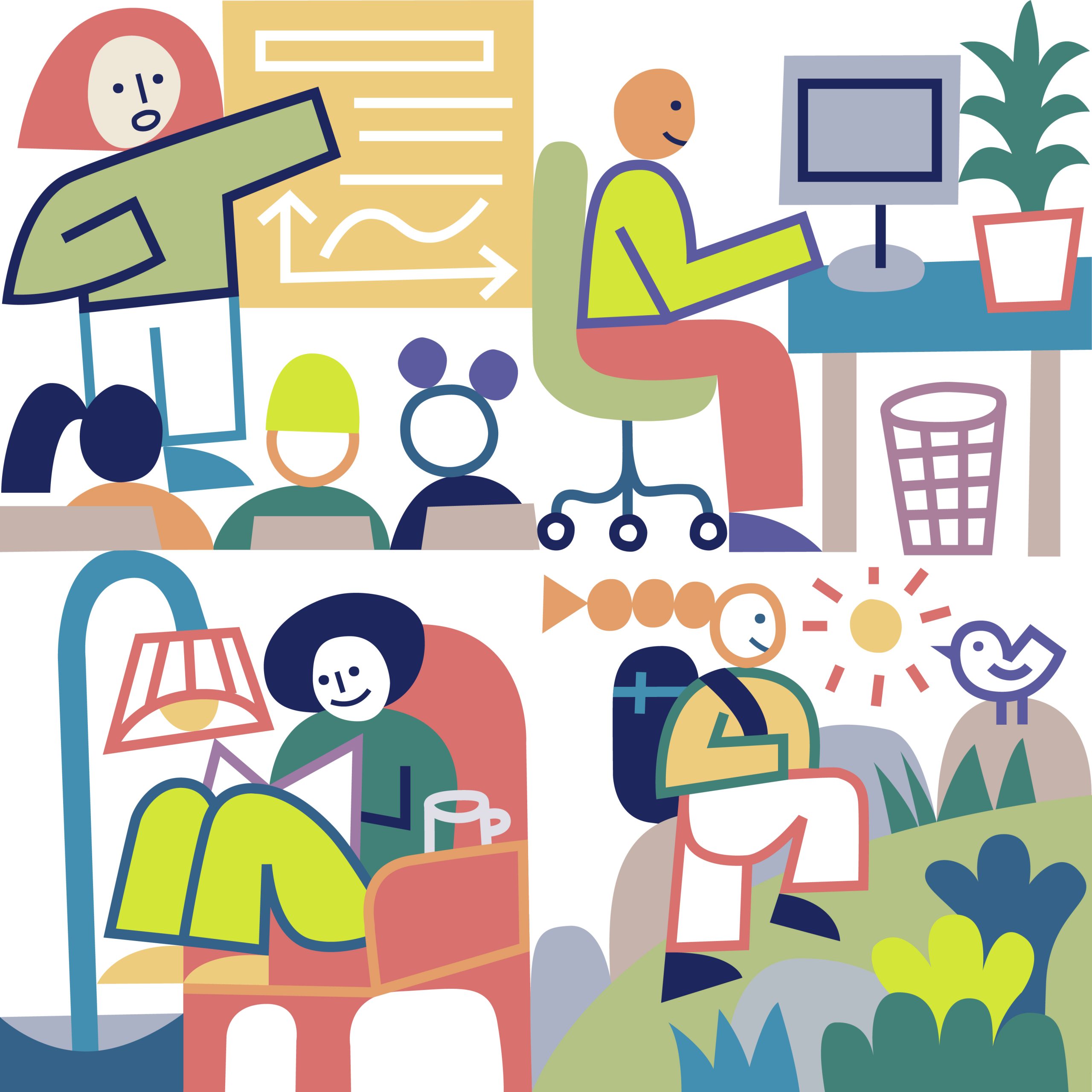 Illustration of people presenting, working at computers, reading and walking outdoors