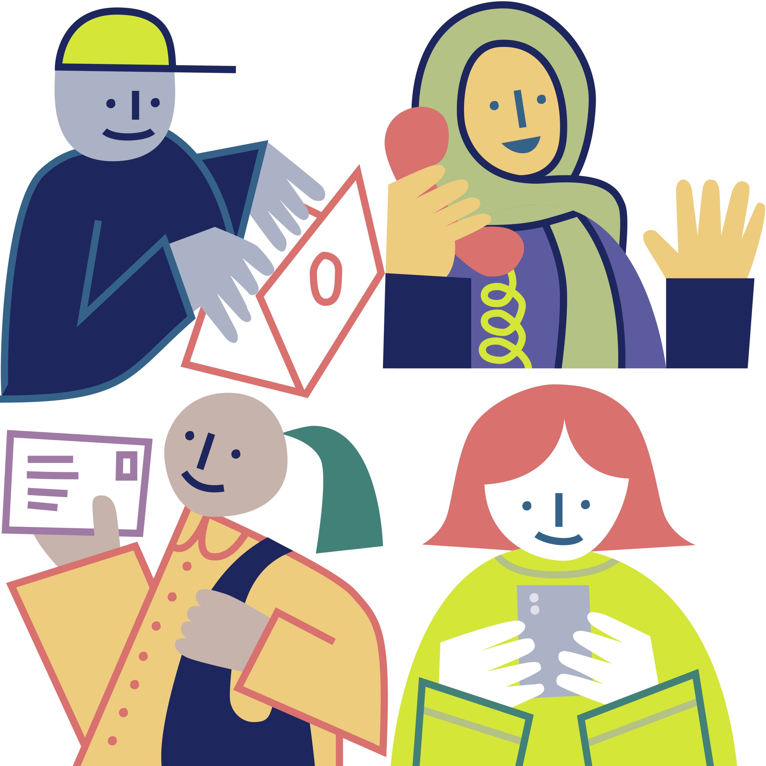 Illustration of people getting in touch by letter, telephone and smartphone